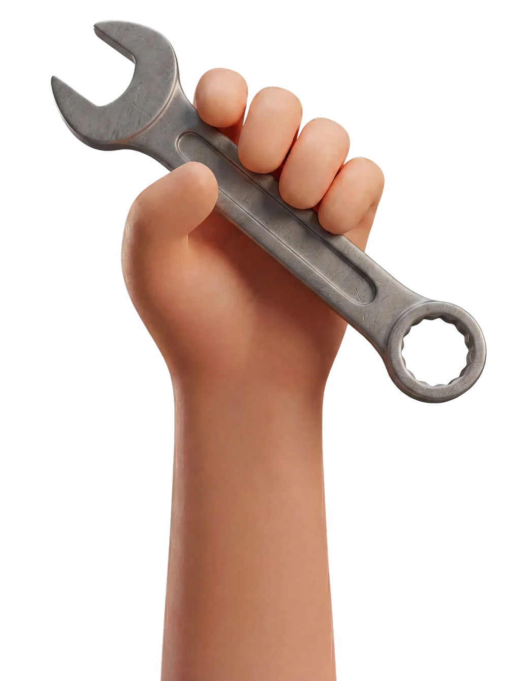 3D illustration of a hand gripping a metal wrench